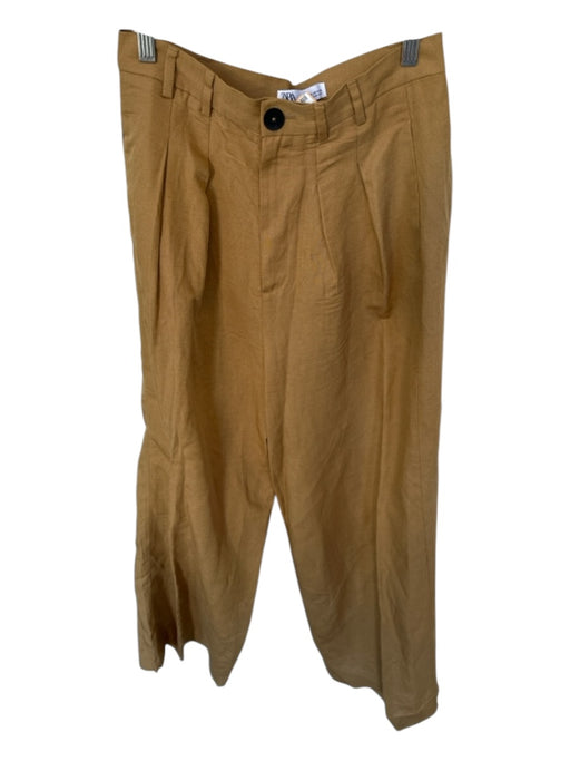 Zara Size M Tan Linen Blend High Waist Pleat Wide Leg Pants Tan / M