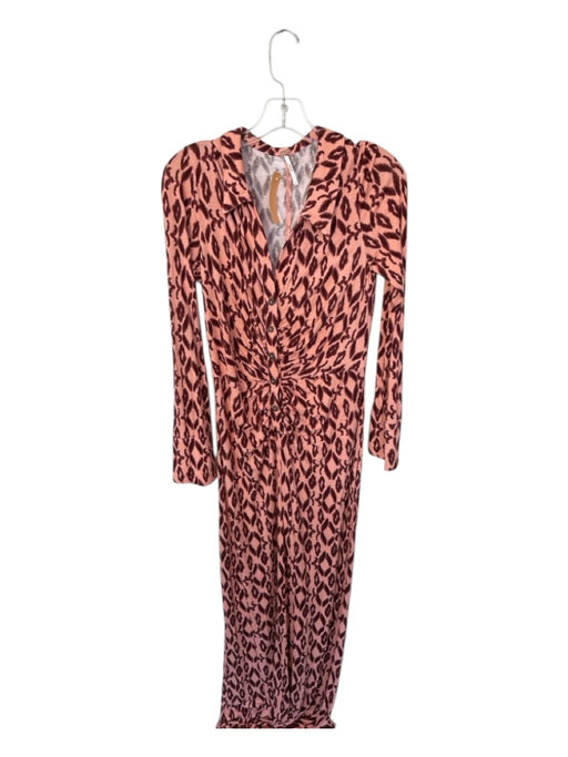 Free People Size S Peach & Red Rayon Long Sleeve Buttons Wide Leg Ikat Jumper Peach & Red / S