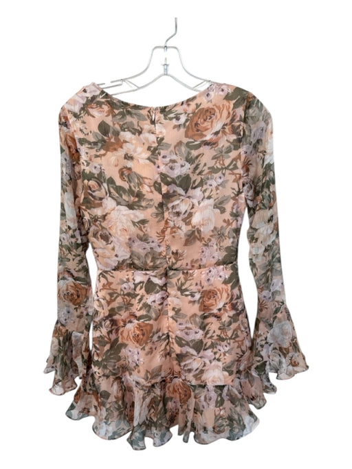 Aura Size M Peach & Green Polyester Long Sheer Sleeves Botanical Back Zip Dress Peach & Green / M