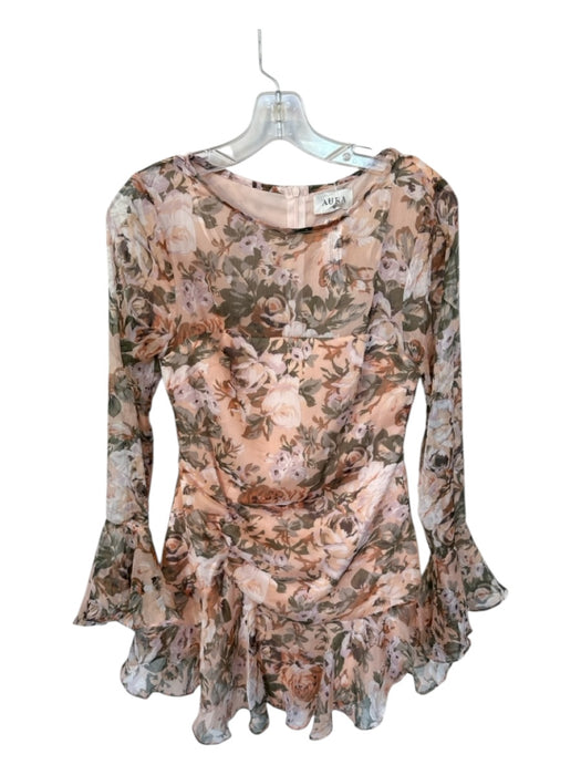 Aura Size M Peach & Green Polyester Long Sheer Sleeves Botanical Back Zip Dress Peach & Green / M