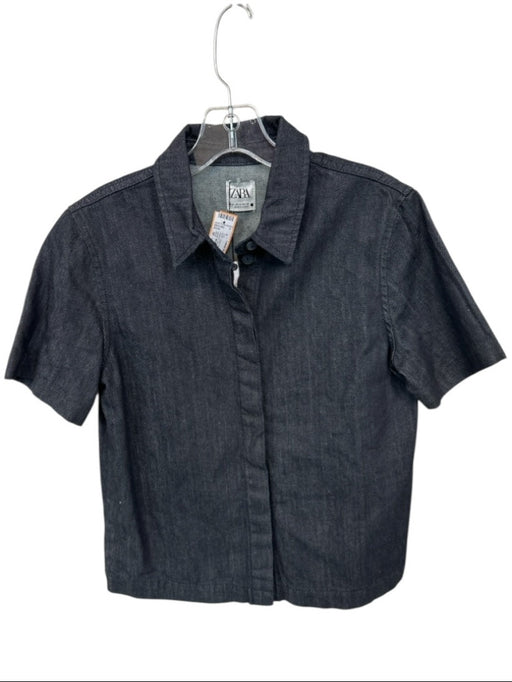 Zara Size M Dark Wash Cotton Blend Short Sleeve Denim Button Down Top Dark Wash / M