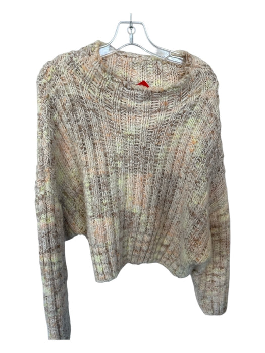 Free People Size S Tan & Lime Cotton Denim Mock Neck Chunky Knit Cropped Sweater Tan & Lime / S