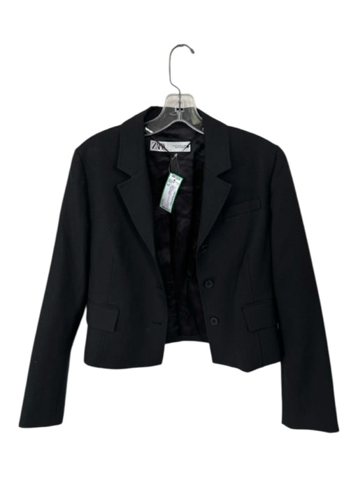 Zara Size M Black Wool Blend Long Sleeve Buttons Cropped Jacket Black / M
