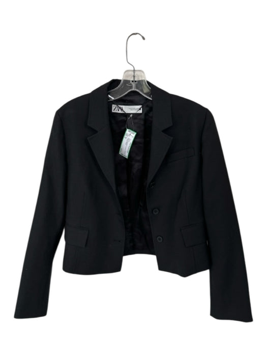 Zara Size M Black Wool Blend Long Sleeve Buttons Cropped Jacket Black / M