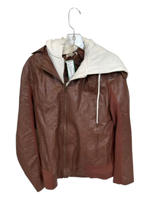 Listicle Size M Brown & White Vegan Leather Hood Long Sleeve Bomber Jacket Brown & White / M