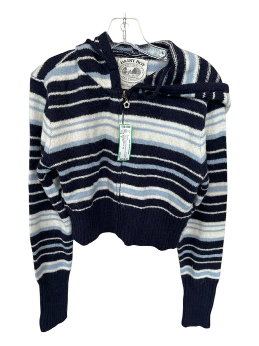 Dairy Boy Size M Navy & white Wool Blend Hood Striped Full Zip Sweater Navy & white / M