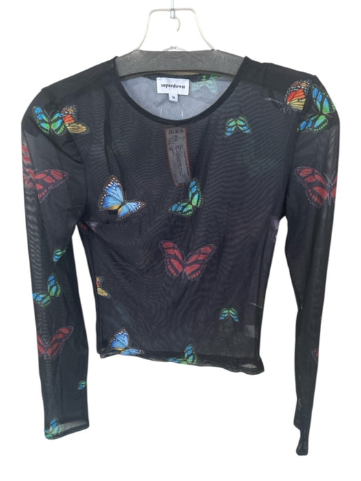 Superdown Size M Black & Multi Polyester Blend Long Sleeve Butterflies Sheer Top Black & Multi / M