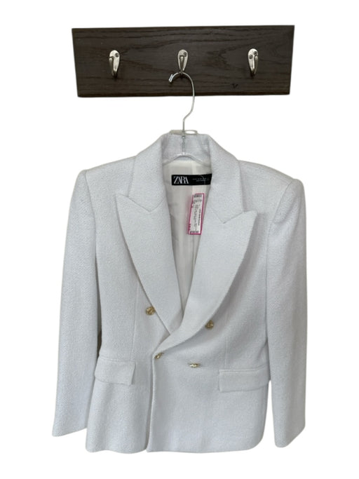 Zara Size M White Cotton Blend Shoulder Pads Textured Blazer Jacket White / M