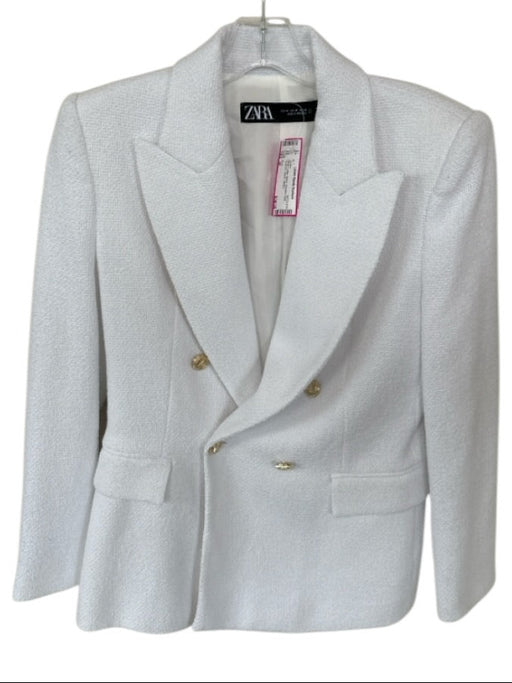 Zara Size M White Cotton Blend Shoulder Pads Textured Blazer Jacket White / M
