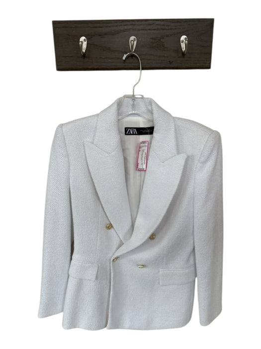 Zara Size M White Cotton Blend Shoulder Pads Textured Blazer Jacket White / M