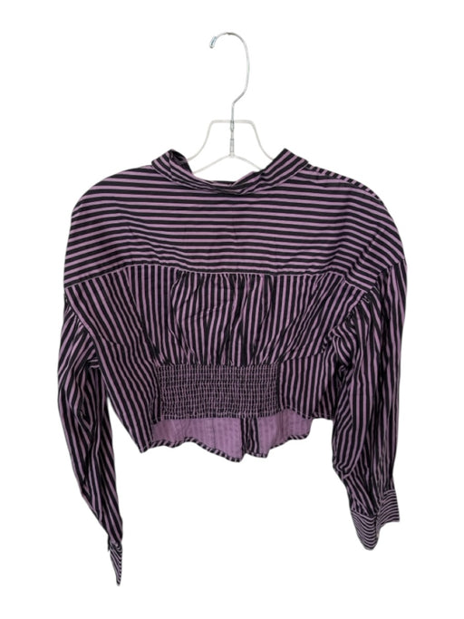 Free People Size M Purple Cotton Long Balloon Sleeve Striped Buttons Cropped Top Purple / M