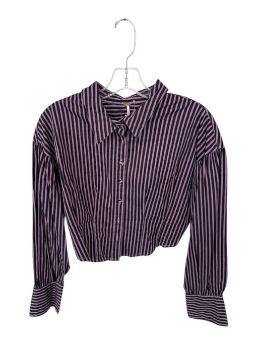 Free People Size M Purple Cotton Long Balloon Sleeve Striped Buttons Cropped Top Purple / M