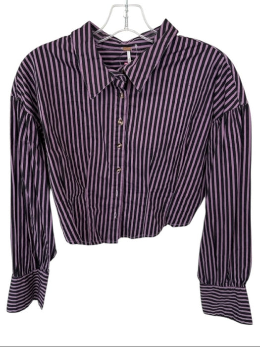 Free People Size M Purple Cotton Long Balloon Sleeve Striped Buttons Cropped Top Purple / M