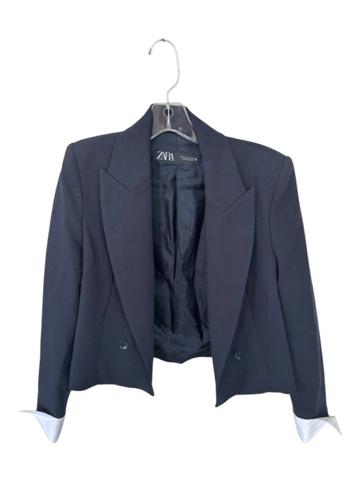 Zara Size S Navy Viscose Blend Shoulder Pads Double Breast Cropped Blazer Jacket Navy / S