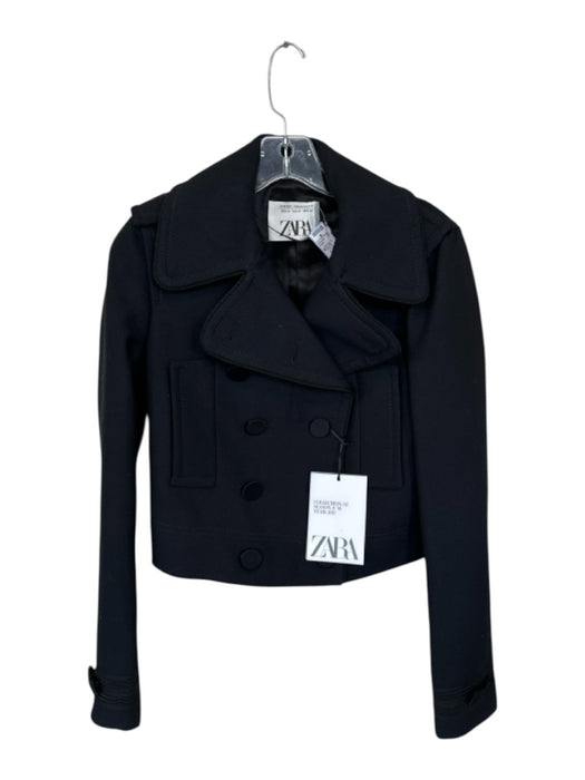 Zara Size M Black Polyester Blend Double Breast Cropped Jacket Black / M