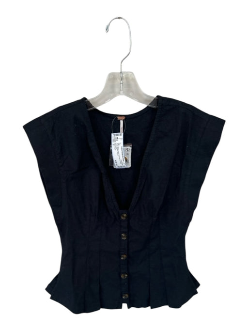 Free People Size S Black Cotton Cap Sleeve Pleat Detail Buttons Top Black / S