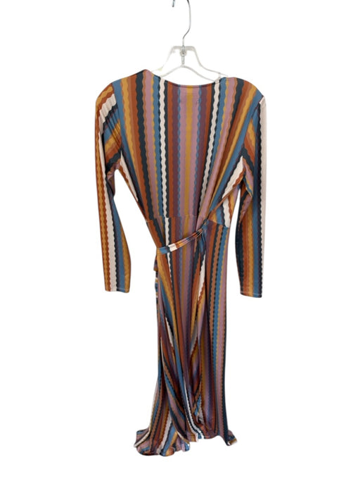 Vici Size M Orange & Blue Polyester Long Sleeve Lines Wrap Maxi Dress Orange & Blue / M