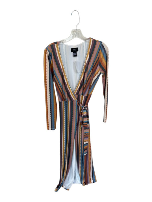Vici Size M Orange & Blue Polyester Long Sleeve Lines Wrap Maxi Dress Orange & Blue / M