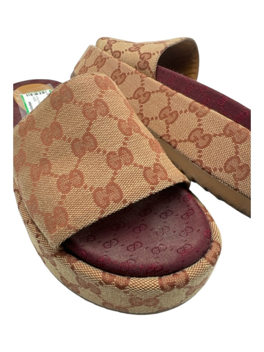 Gucci Shoe Size 38.5 Tan Canvas Monogram Platform Box & Bag inc Sandals Tan / 38.5