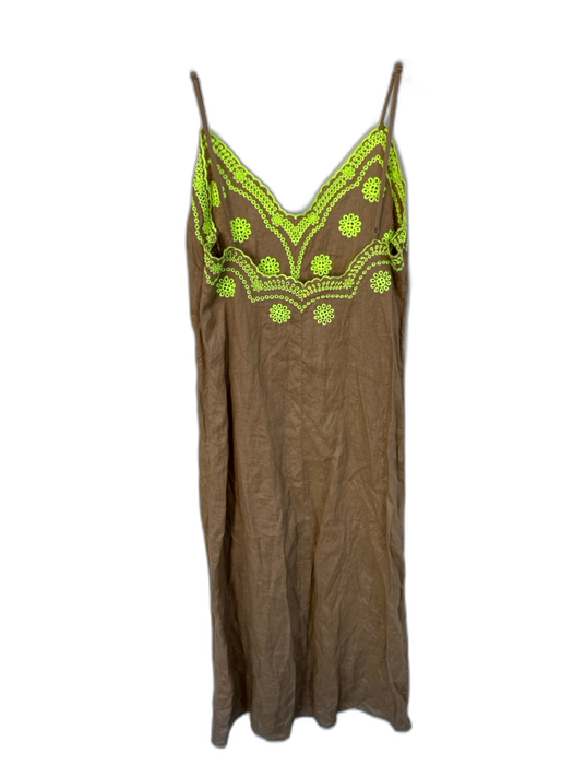 Zara Size S Tan & neon yellow Linen Stich Detail Spaghetti Strap Midi Dress  — Labels Resale Boutique