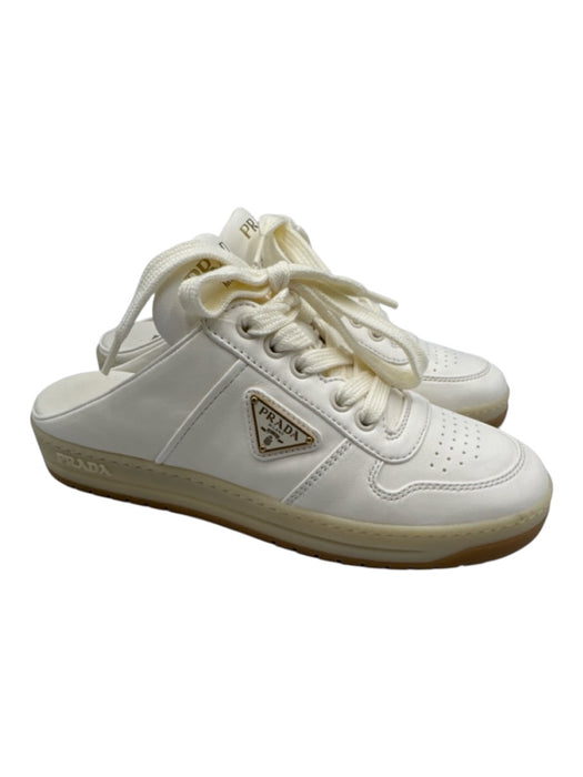 Prada Shoe Size 37 Cream White Leather Perforated Logo Laces Mule Sneakers Cream White / 37