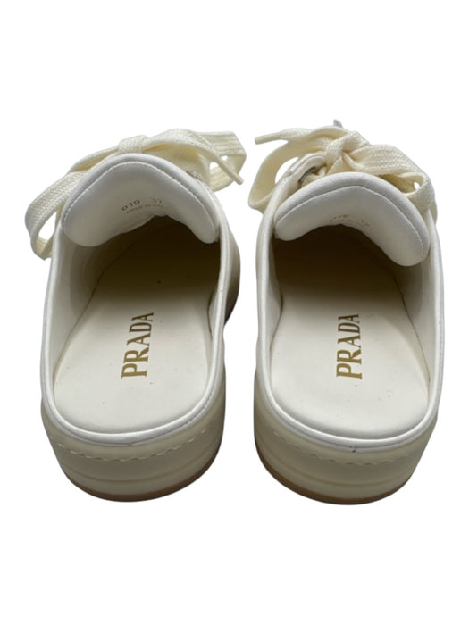 Prada Shoe Size 37 Cream White Leather Perforated Logo Laces Mule Sneakers Cream White / 37