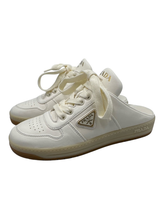 Prada Shoe Size 37 Cream White Leather Perforated Logo Laces Mule Sneakers Cream White / 37