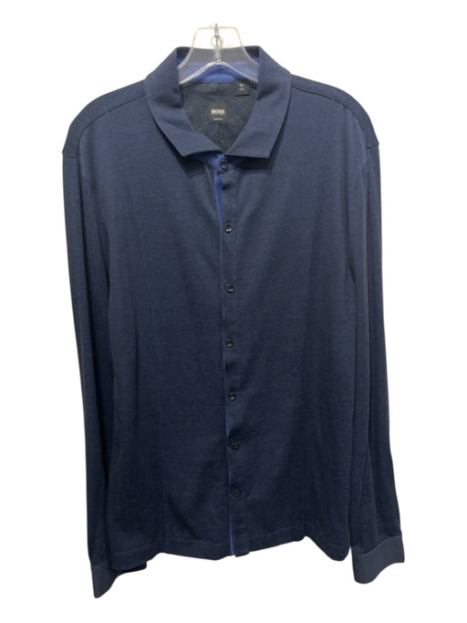 Boss Size XXL Navy Cotton Blend Solid Button Up Men's Long Sleeve Shirt Navy / XXL