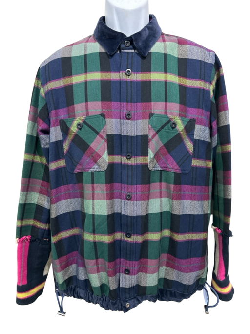 Sacai Size 4 Purple & Navy Print Wool Blend Plaid Button Up Men's Jacket Purple & Navy Print / 4