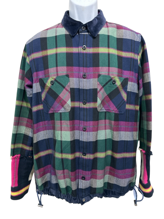 Sacai Size 4 Purple & Navy Print Wool Blend Plaid Button Up Men's Jacket Purple & Navy Print / 4