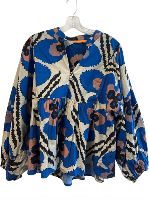 Oliphant Size L Blue 100% Cotton Button Up Abstract Long Puff Sleeve Top Blue / L
