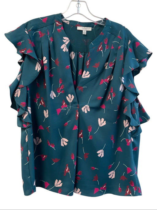 Joie Size XL Green Polyester V Neck Ruffle Sleeves Floral Pleated Top Green / XL