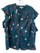 Joie Size XL Green Polyester V Neck Ruffle Sleeves Floral Pleated Top Green / XL
