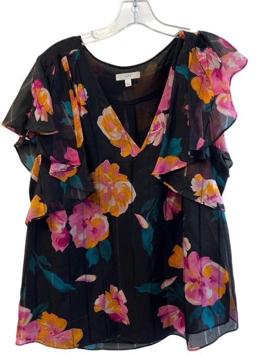 Joie Size L Black Polyester Semi Sheer Floral Ruffle Detail V Neck Top Black / L