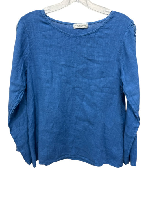 Terzo Millennio Size S Blue Linen Crochet Detail Balloon Sleeve Top Blue / S