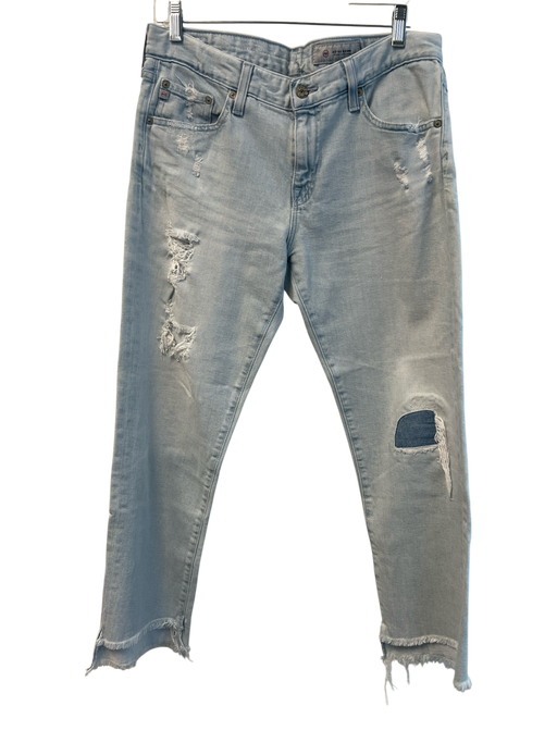 AG Size 28 Light Denim Cotton Blend 5 Pocket Mid Rise distressed Jeans Light Denim / 28