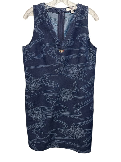 EE Etcetera Size 8 Blue Cotton Blend Denim floral & swirl V Neck Shift Dress Blue / 8