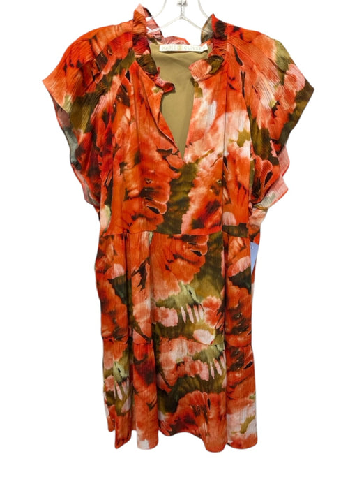 Marie Oliver Size XS Orange & Green Rayon Blend Crinkle Watercolor Floral Dress Orange & Green / XS