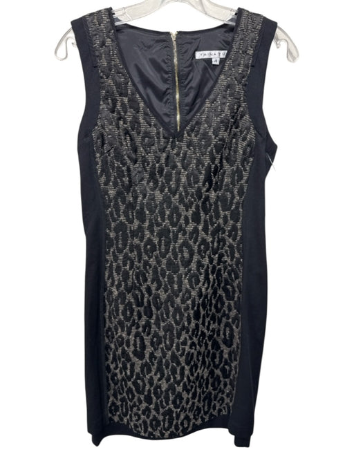 Trina Turk Size 4 Black & Gray Wool Blend Tweed Leopard Back Zip Sheath Dress Black & Gray / 4