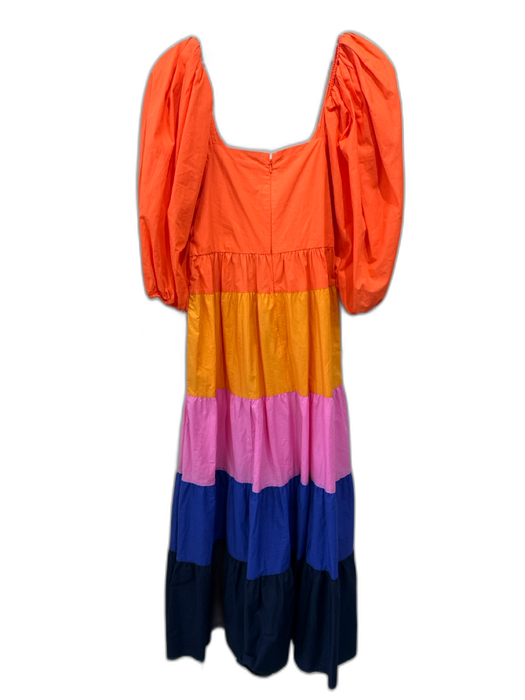 Farm Rio Size Small Orange, Pink, Blue Cotton Half Puff Sleeve Color Block Dress Orange, Pink, Blue / Small