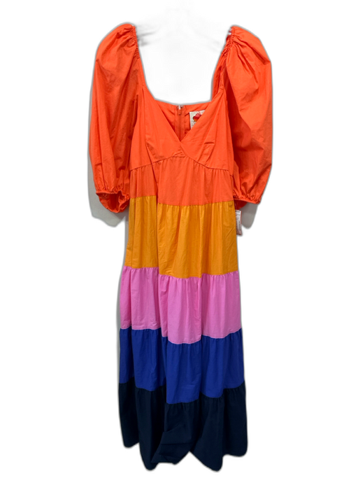 Farm Rio Size Small Orange, Pink, Blue Cotton Half Puff Sleeve Color Block Dress Orange, Pink, Blue / Small