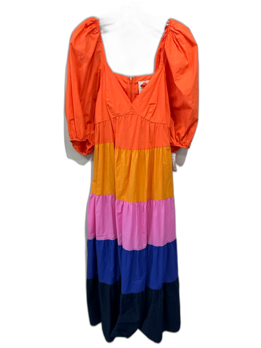 Farm Rio Size Small Orange, Pink, Blue Cotton Half Puff Sleeve Color Block Dress Orange, Pink, Blue / Small