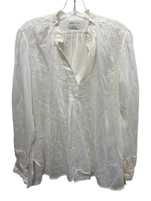 Giada Forte Size Est S White Cotton & Silk Semi Sheer Long Sleeve V Neck Top White / Est S