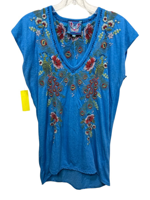 Johnny Was Size S Blue & Multi Cotton & Polyester Embroidered Floral V Neck Top Blue & Multi / S