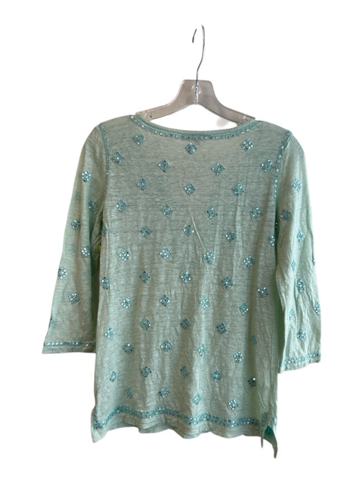 Calypso Size S Green Linen Sequin Detail 3/4 Sleeve V Neck Tunic Top Green / S
