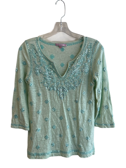 Calypso Size S Green Linen Sequin Detail 3/4 Sleeve V Neck Tunic Top Green / S
