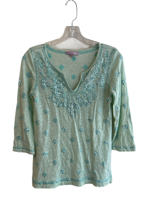 Calypso Size S Green Linen Sequin Detail 3/4 Sleeve V Neck Tunic Top Green / S