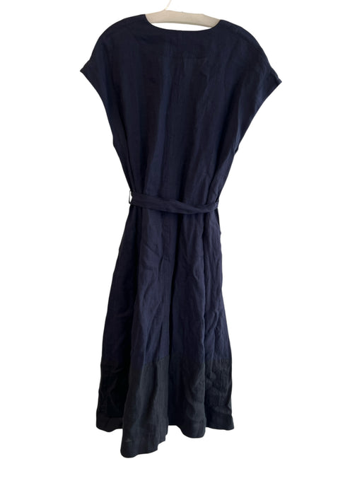 Pas De Calais Size 38 Navy Blue Linen Cap Sleeve solid color V Neck Dress Navy Blue / 38