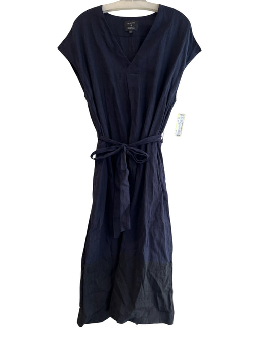 Pas De Calais Size 38 Navy Blue Linen Cap Sleeve solid color V Neck Dress Navy Blue / 38