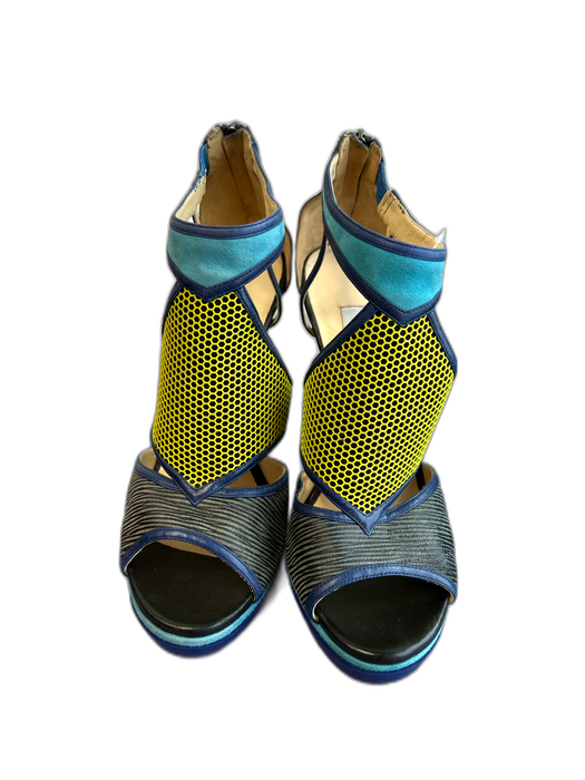 Jimmy Choo Shoe Size 41 Blue Yellow & Multi Leather open toe Back Zip Heels Blue Yellow & Multi / 41